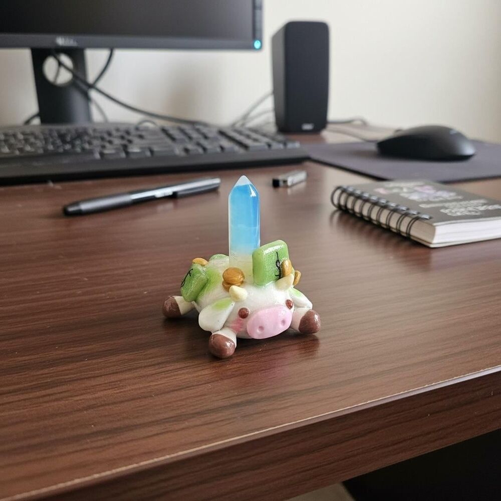 Handmade Polymer Clay "Cash Cow" Desk Pet | Real Opal Point Crystal |